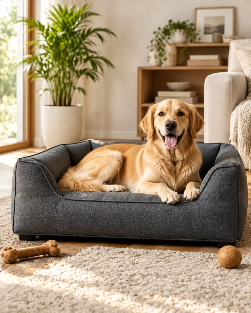 Golden retriever relaxing in a stylish upholstered dog bed
