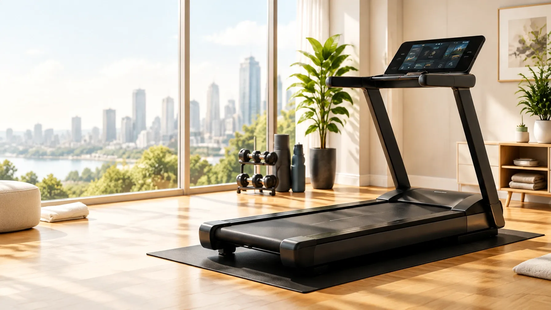Smart treadmill in a warm, light-filled home gym