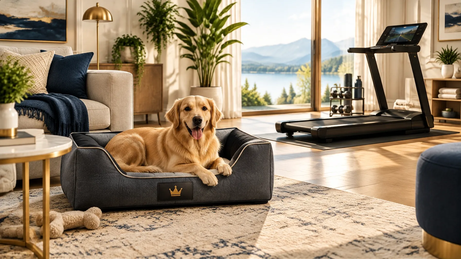 A cozy, carefully styled home with comfortable pet furniture and fitness equipment