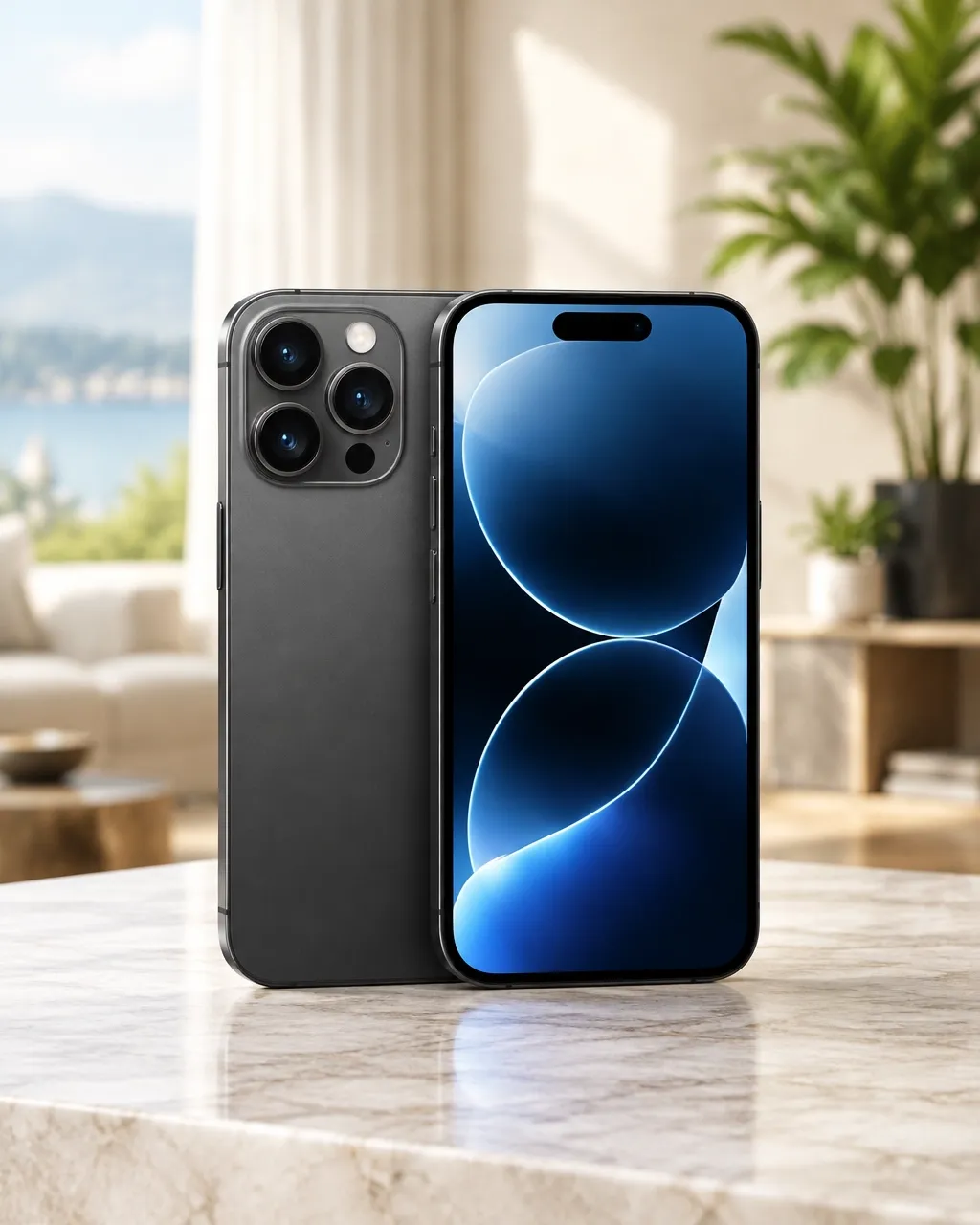 Two premium smartphones displayed in a modern interior