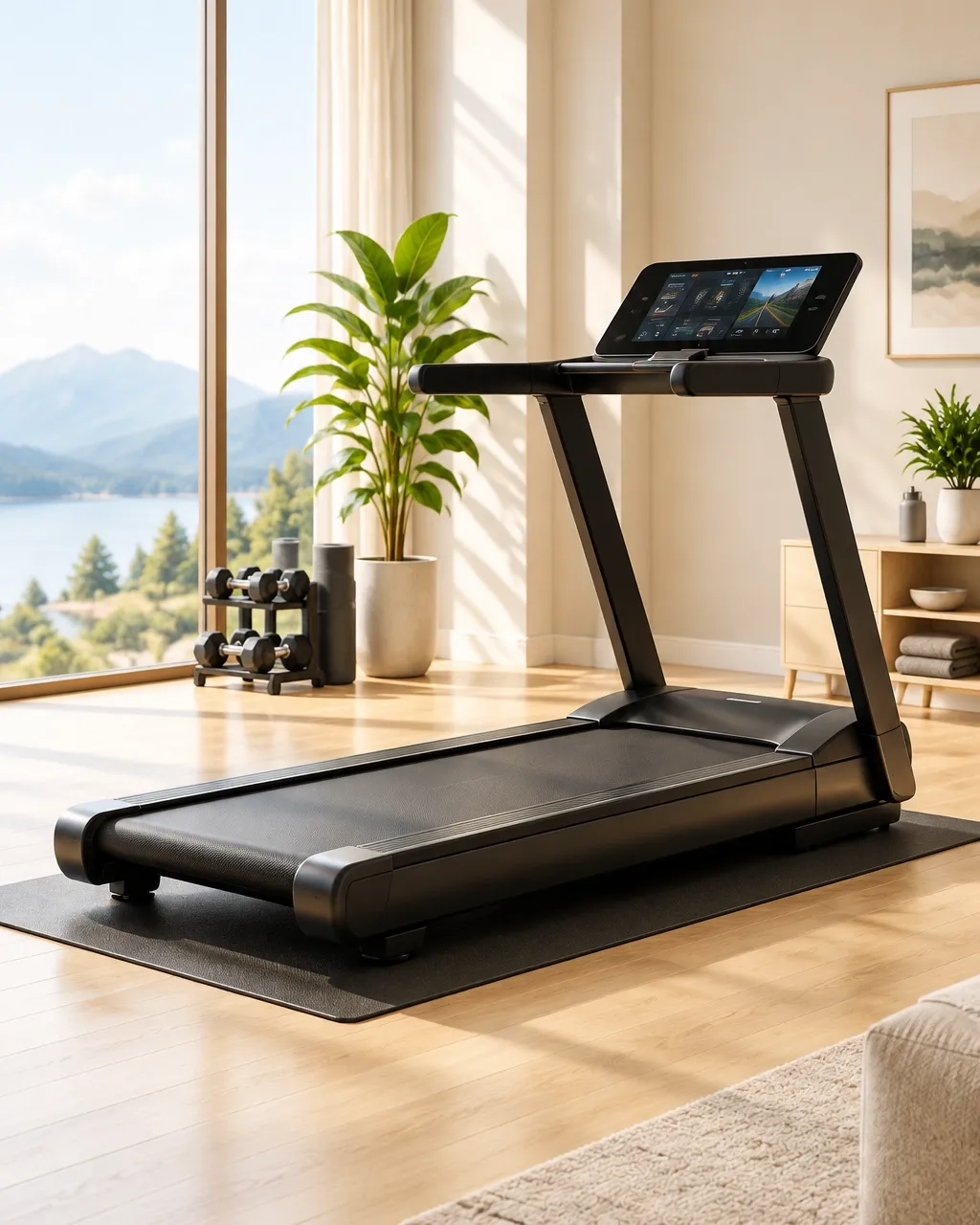 Smart treadmill in a bright home gym
